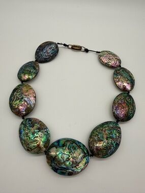 Genuine Abalone Shell Statement Necklace Large Iridescent Disc Beaded 18”